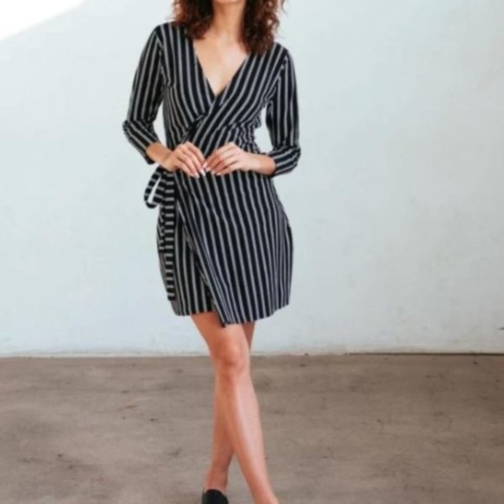Striped Wrap Mini Dress - Black and White organic cotton natural fibers